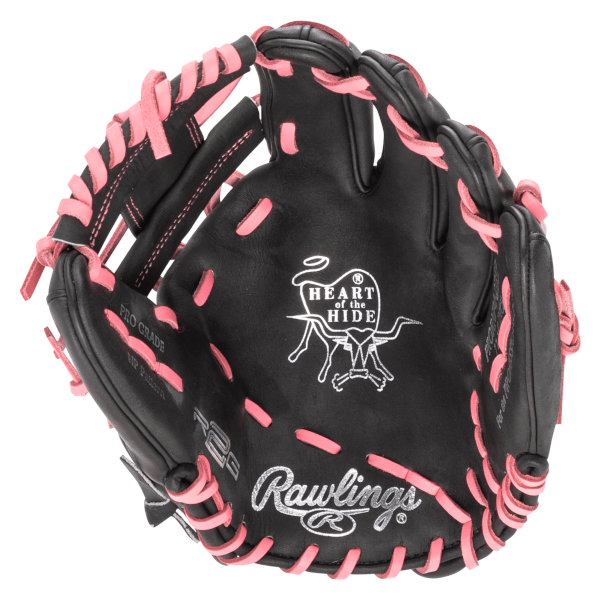 Top-down view of a black baseball glove with pink lacing, featuring "Rawlings" and "HEART OF THE HIDE" logos.