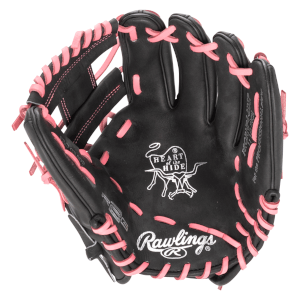 Open view of a black Rawlings baseball glove with pink lacing, showing the "Heart of the Hide" logo and "Rawlings" branding.