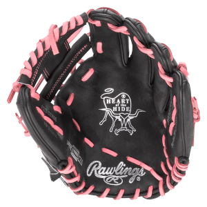 Top-down view of a black baseball glove with pink lacing, featuring "Rawlings" and "HEART OF THE HIDE" logos.
