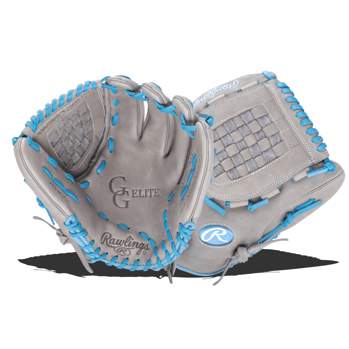 Angled view of a gray Rawlings Elite baseball glove with bright blue laces and "PRO DESIGN" text.