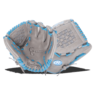 Angled view of a gray Rawlings Elite baseball glove with bright blue laces and "PRO DESIGN" text.
