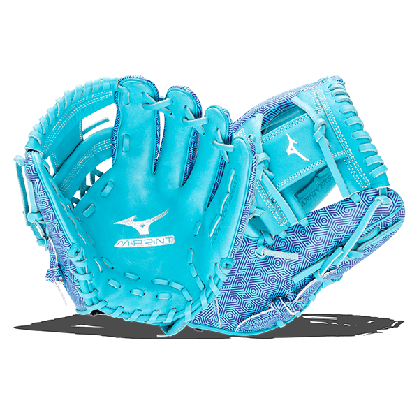 Top-down view of a bright cyan baseball glove with a geometric pattern and "Mizuno M-PRINT" logo.