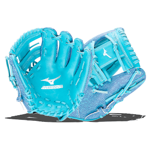 Top-down view of a bright cyan baseball glove with a geometric pattern and "Mizuno M-PRINT" logo.