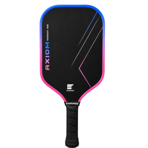 Front view of a black pickleball paddle with pink and blue accents, featuring "AXIOM WIDEBODY 16MM" and "ENGAGE" logos.