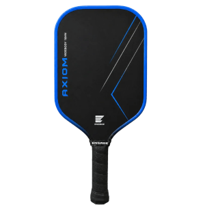 Front view of a black pickleball paddle with a blue rim, "AXIOM WIDEBODY 16MM" text, and an Engage logo.