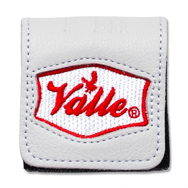 Front view of a light gray leather coin purse with a red embroidered "Valle" logo and a registered trademark symbol.