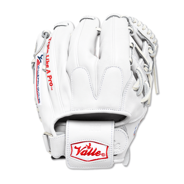Front view of a white baseball glove with "Train Like A Pro™" and a red "Valle" logo.
