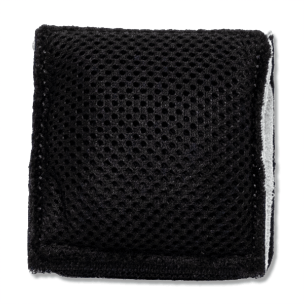 Front view of a small black mesh pouch with a light gray stripe on the right side.