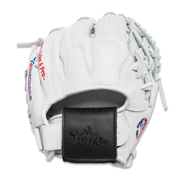 Front view of a white baseball glove with "Play Like A Pro™" and "Valle" branding.
