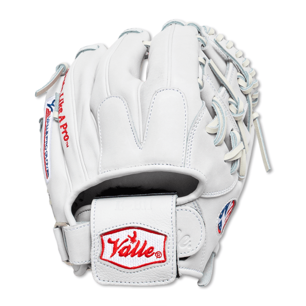 Front view of a white baseball glove with a red "Yalile" logo and "Like A Pro" text.