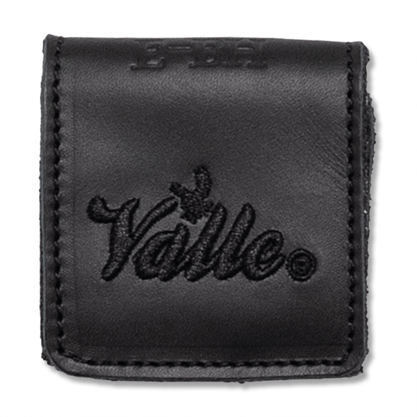 Front view of a black leather accessory with a stitched "Valle" logo and embossed text at the top.