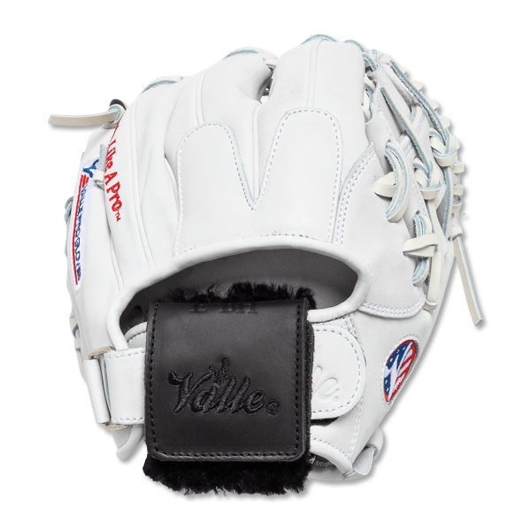 Front view of a white baseball glove with a black leather patch that says "Valles" embroidered in script, and an American flag emblem.