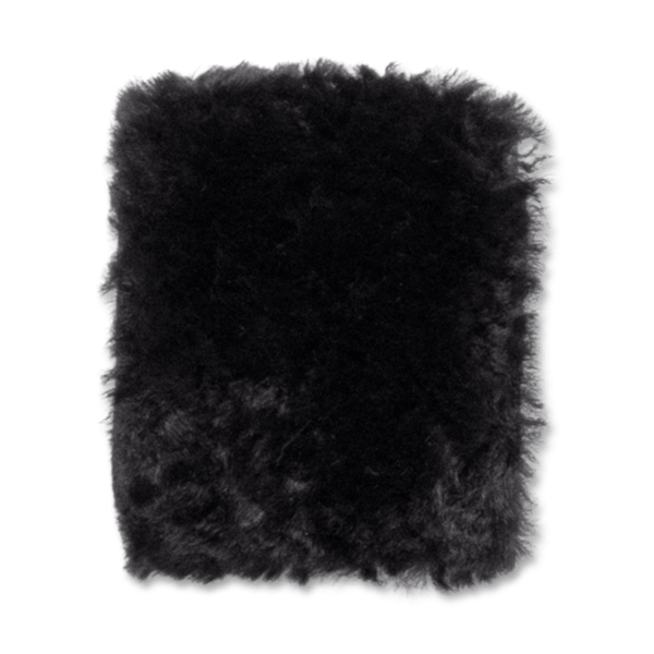 Close-up of a black, fuzzy fabric swatch with a textured, fluffy surface.