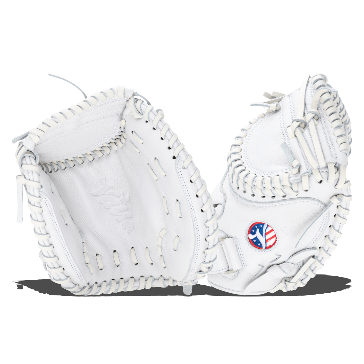 Top-down view of two white leather baseball gloves with "Yuko" embossed on the left and an American flag logo on the right.