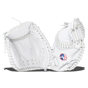 Top-down view of two white leather baseball gloves with "Yuko" embossed on the left and an American flag logo on the right.