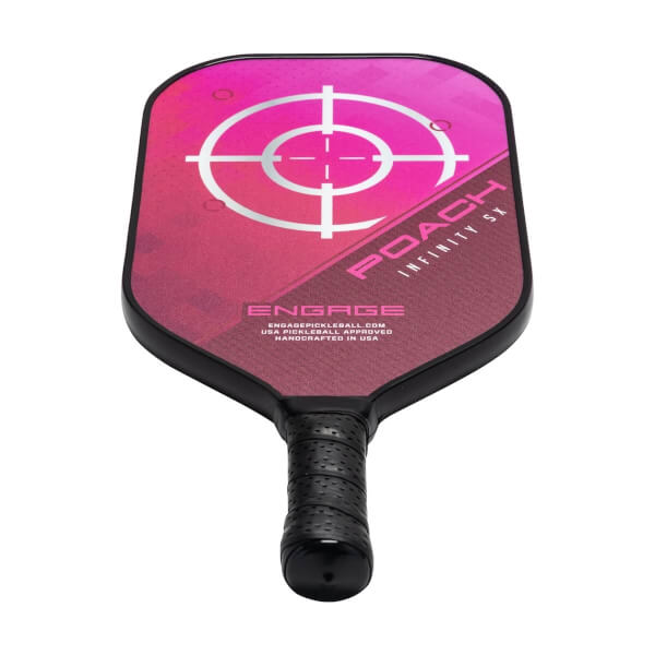 Top-down view of a pink pickleball paddle with a target design, POACH INFINITY SX text, and ENGAGE logo.