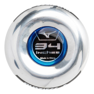 End cap view of a silver baseball bat with a blue insert showing 34 inches and Mizuno logo.