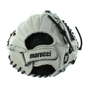 Front view of a white and black Marucci softball glove with adjustable strap and marucci text.
