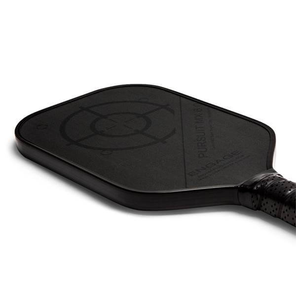 Top-down view of a black pickleball paddle with a target design and ENGAGE PURSUIT MX 6.0 text.