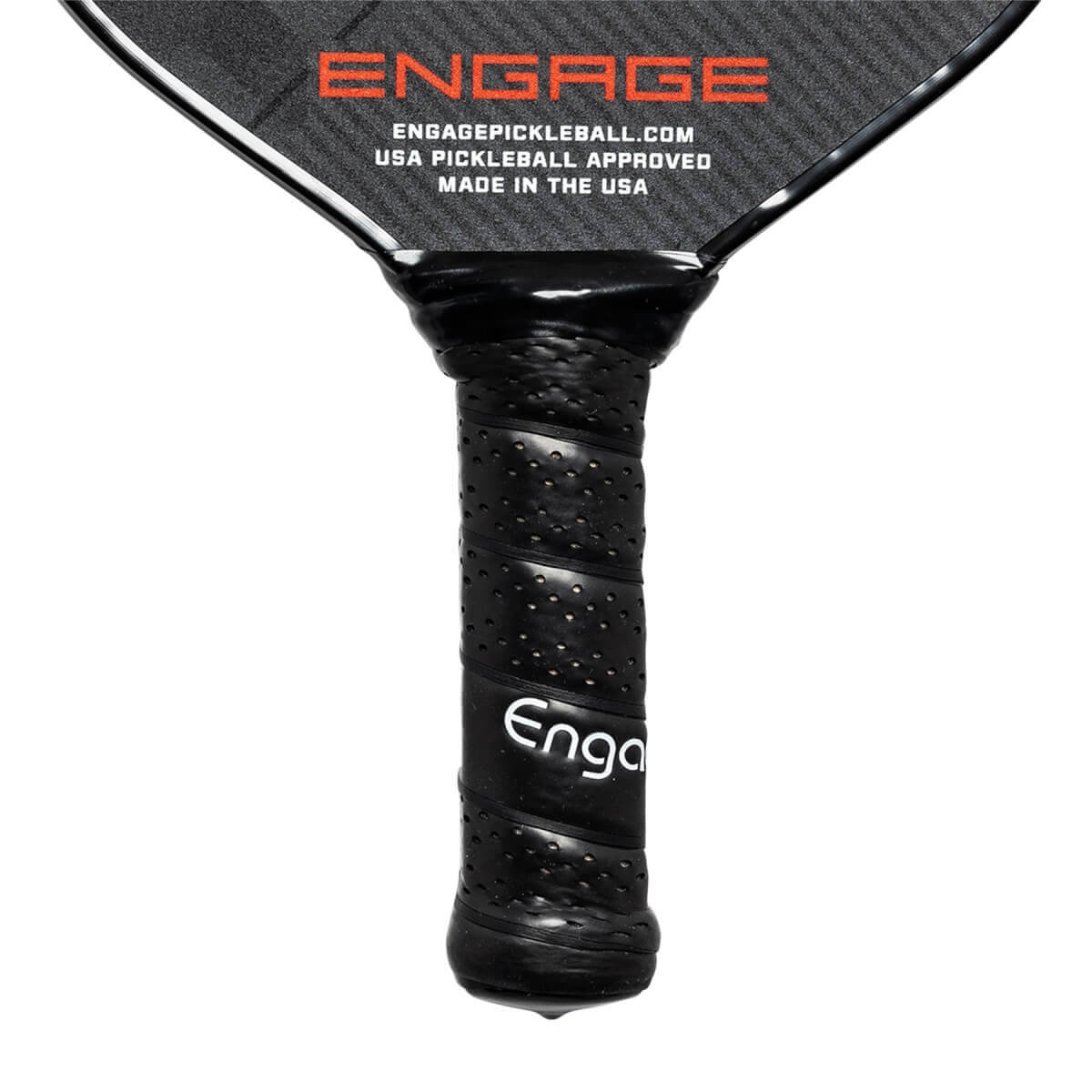 Close-up of a black pickleball paddle grip with perforations and the Engage logo.
