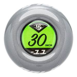 End cap view of a silver baseball bat with a green insert showing LS logo, 30, and -11.