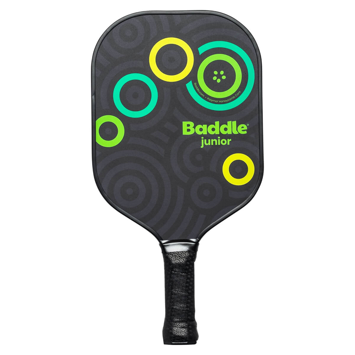 Front view of a black Baddle junior pickleball paddle with green and yellow circles and Baddle junior text.