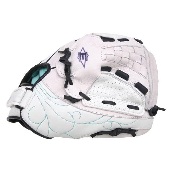 Side view of a white youth softball glove with teal scrollwork and a purple logo.