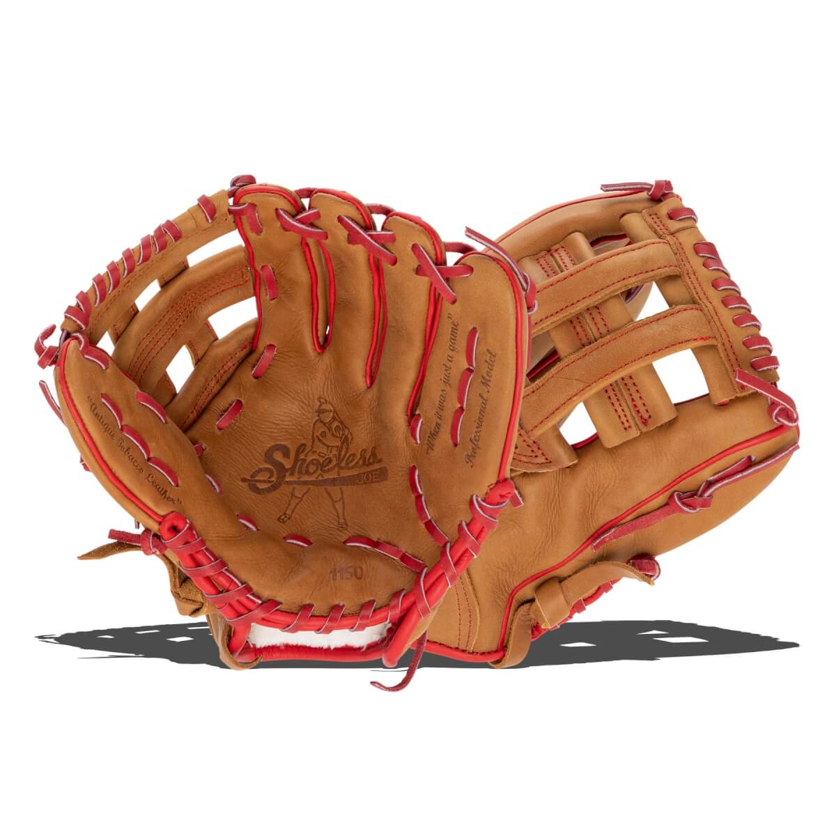 Angled front view of a tan baseball glove with red lacing, a Shoeless logo, and an open web design.