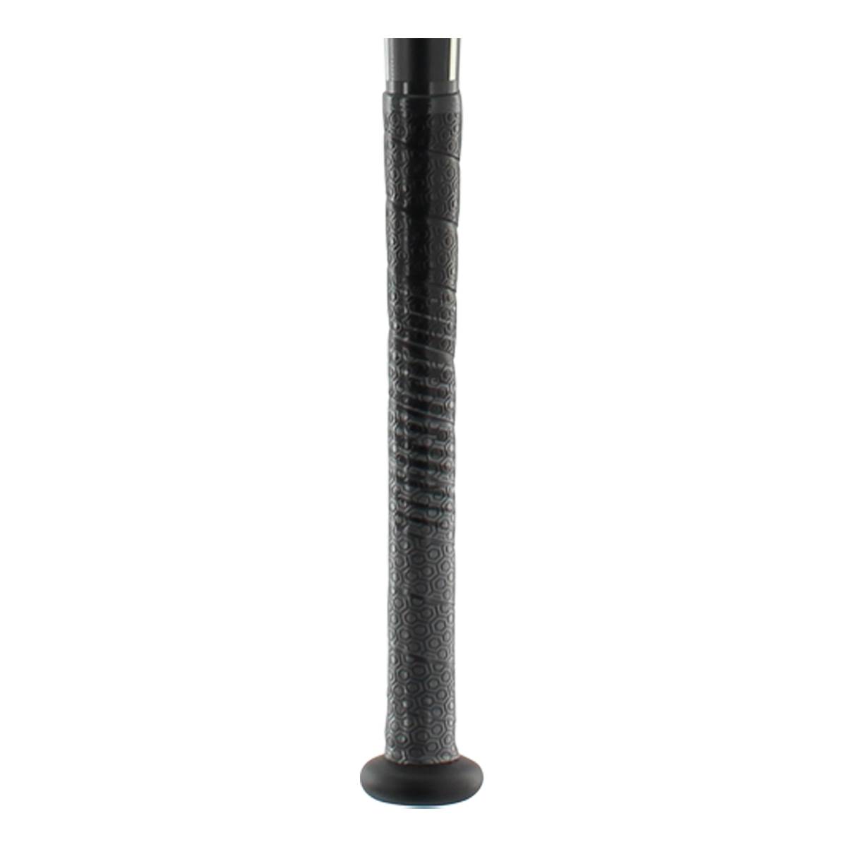 Close-up of a black baseball bat grip with a textured pattern and a black end cap.