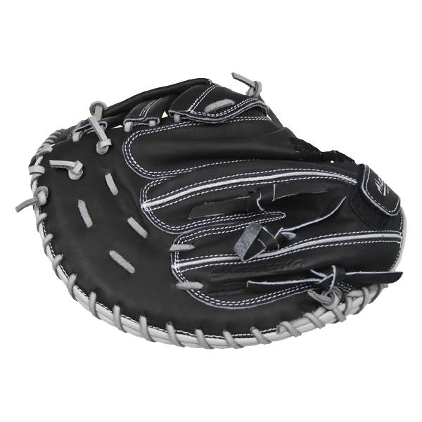 Top-down view of a black catchers mitt with white stitching and grey lacing.