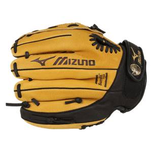 Front view of a tan and black youth baseball glove with Mizuno branding and SureFit foam.