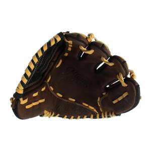 Side view of a brown baseball glove with tan lacing and Player Preferred text.