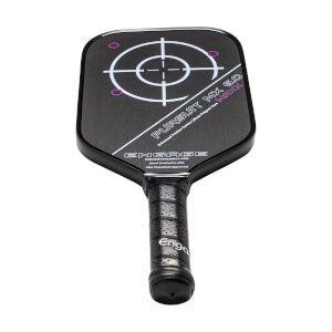 Front view of a black pickleball paddle with a target design, PURSUIT MX 6.0 text, and a perforated grip.