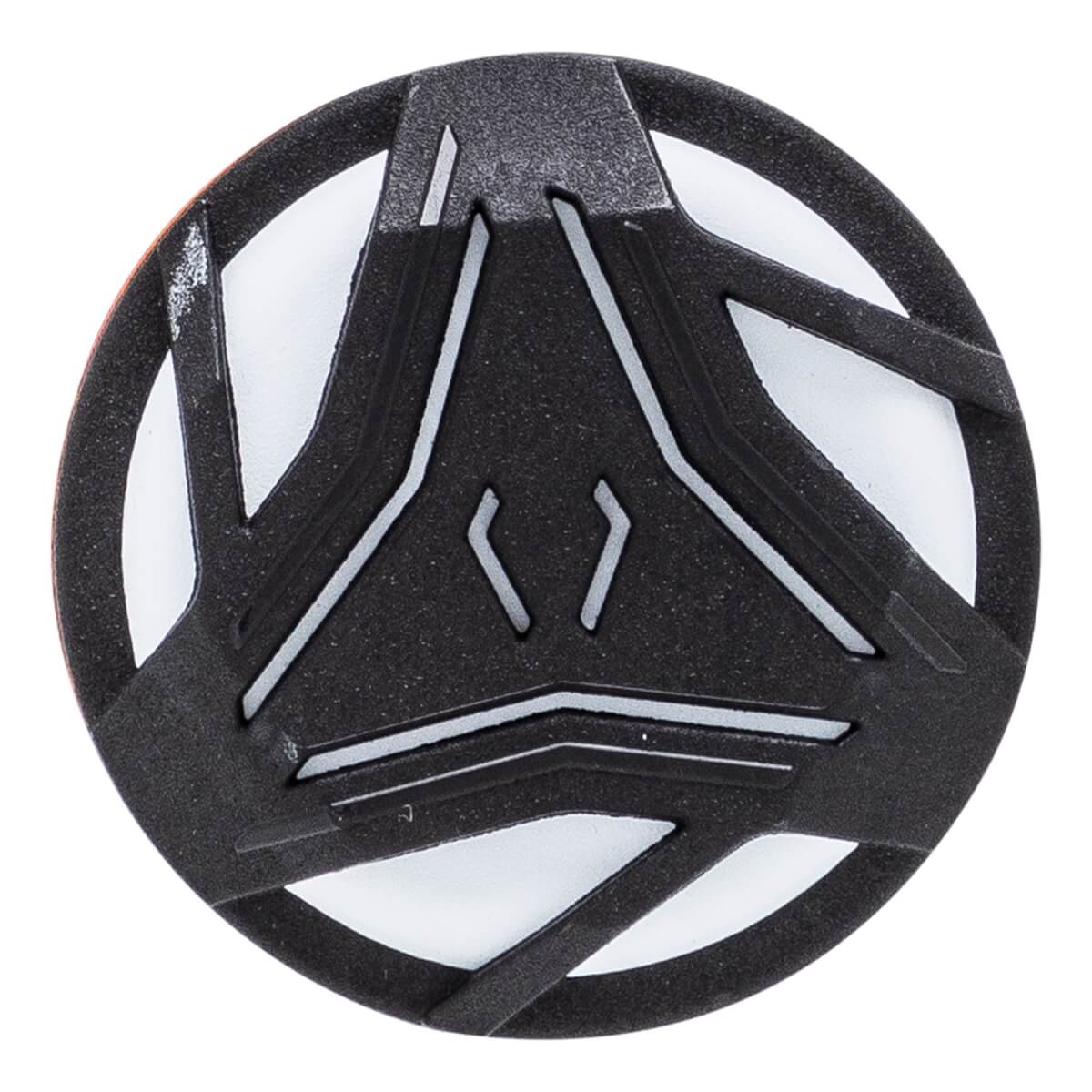 Top-down view of a black fastpitch softball bat end cap with a white geometric pattern and orange trim.