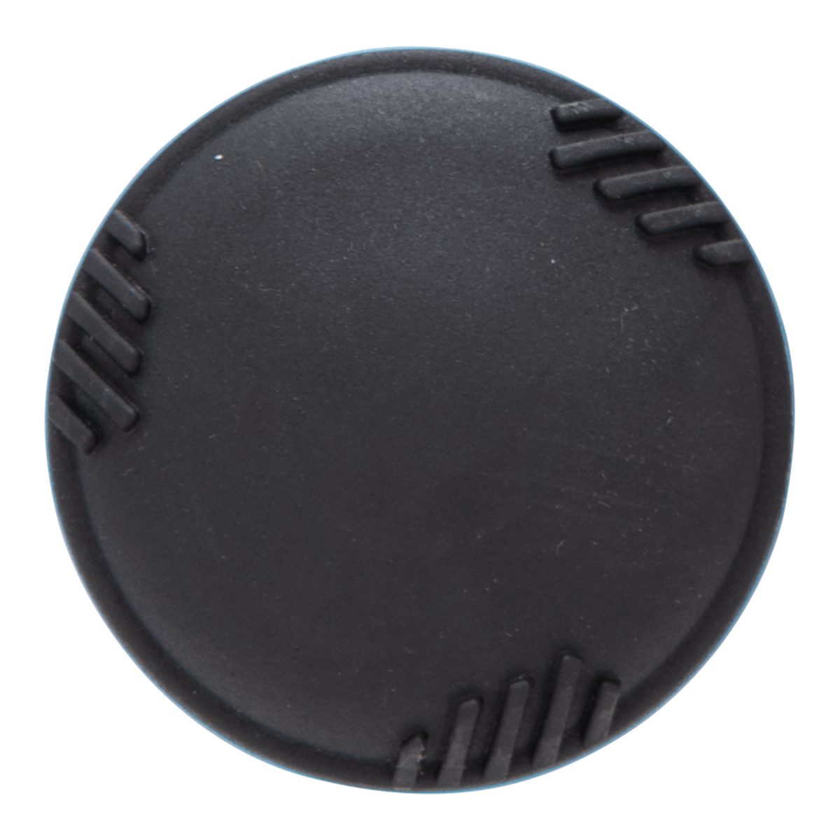Top-down view of a black circular cap with ridged edges.