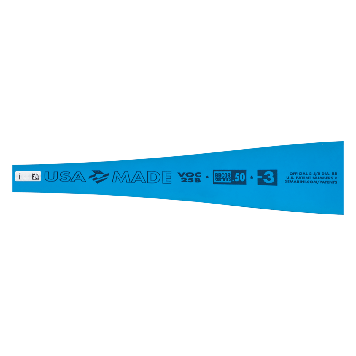 Side view of a blue baseball bat featuring "USA MADE," "VOC 25B CERTIFIED," and "BBCOR 50" text.