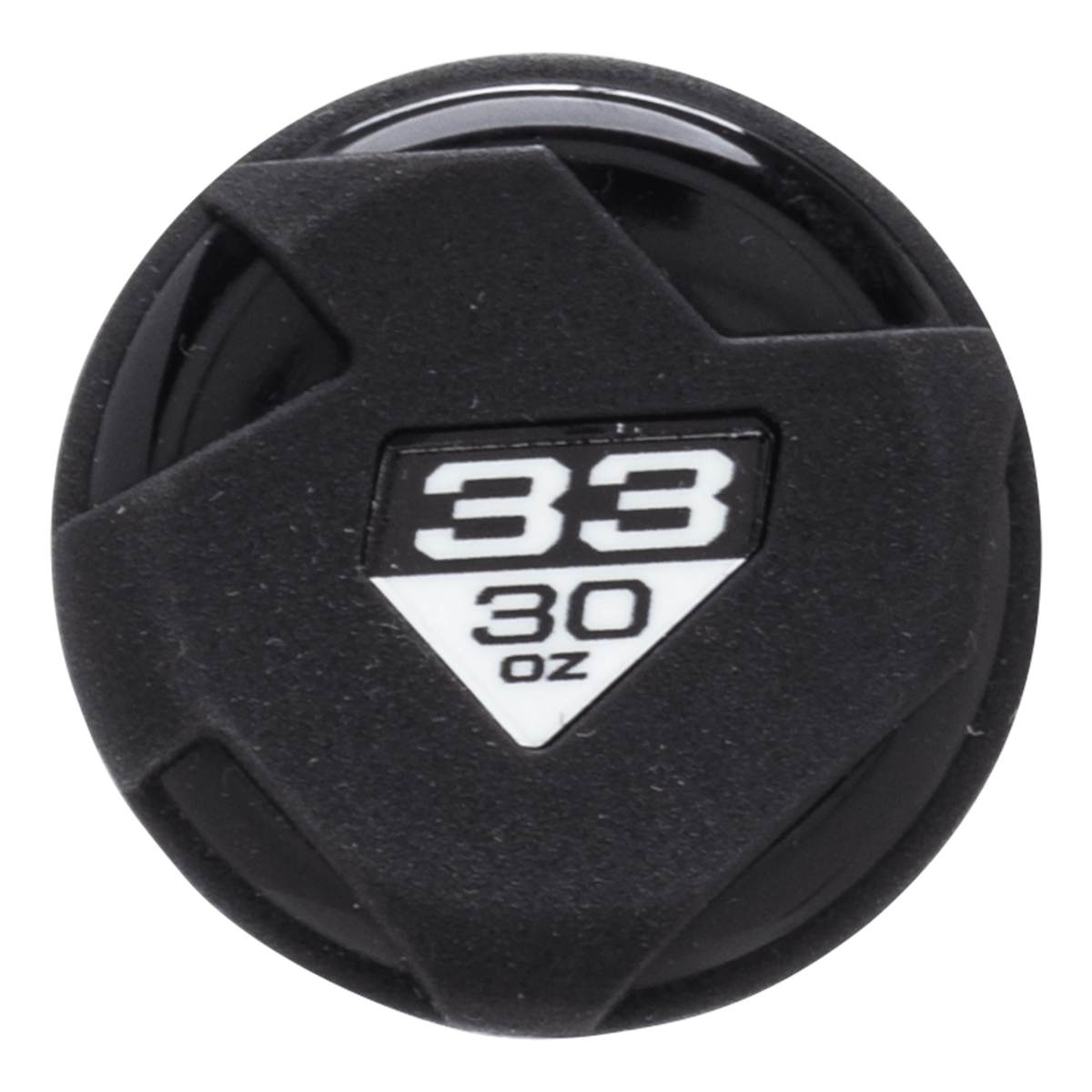 Top-down view of a black baseball bat end cap with white "33" and "30 OZ" markings.