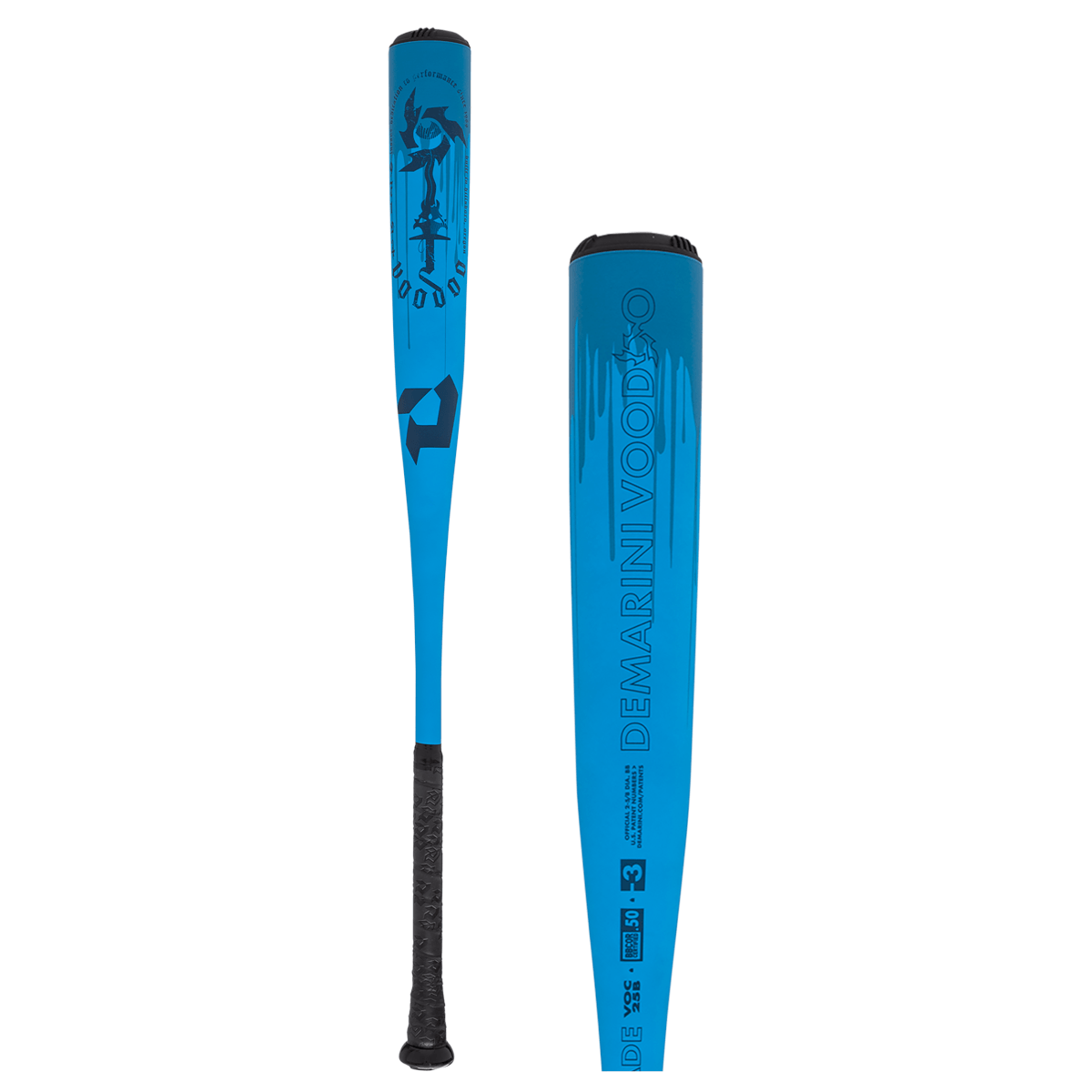 Side view of a blue DeMarini VOODOO baseball bat featuring a black grip and visible "DEMARINI VOODOO" text.