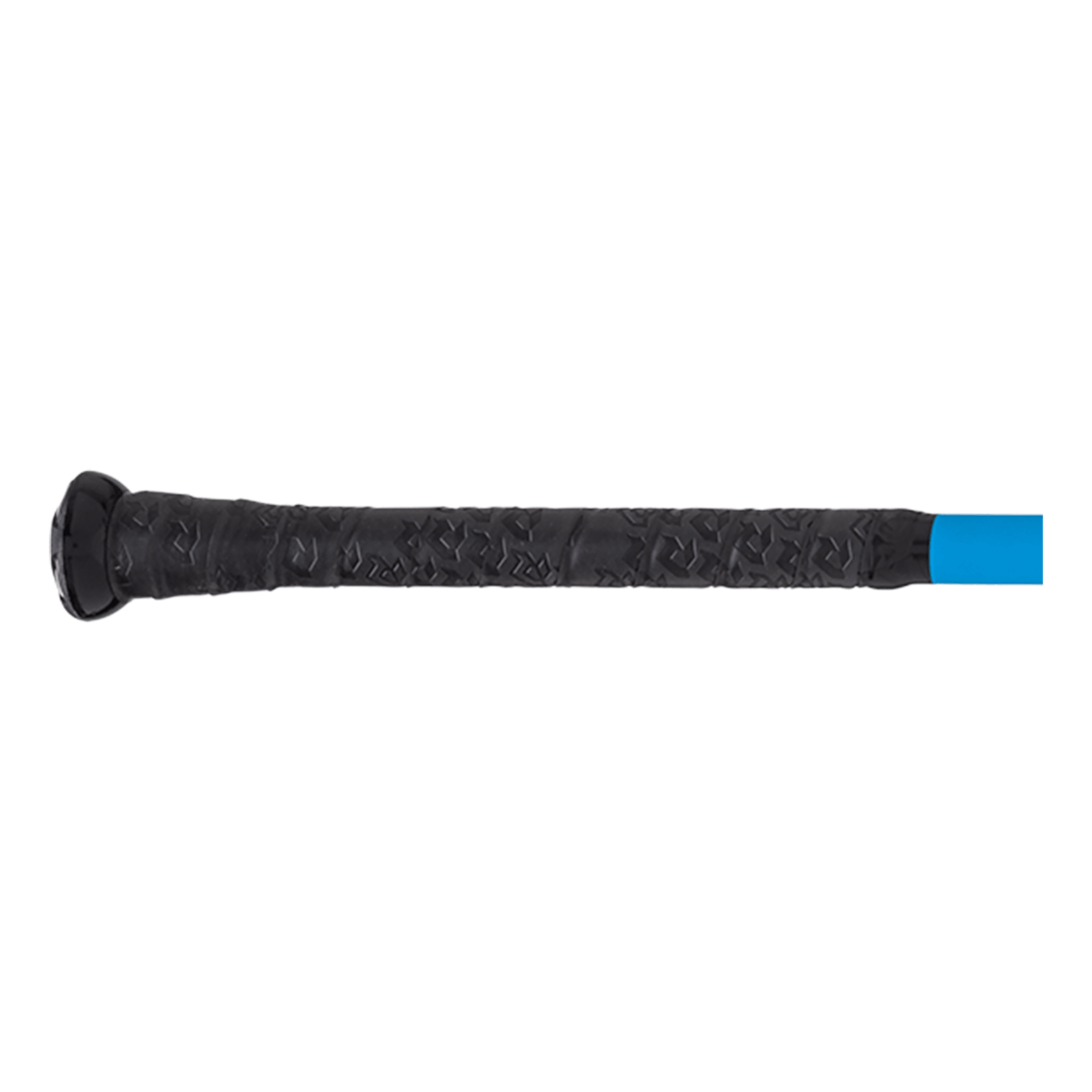 Side view of a baseball bat with a textured black grip and a blue section.
