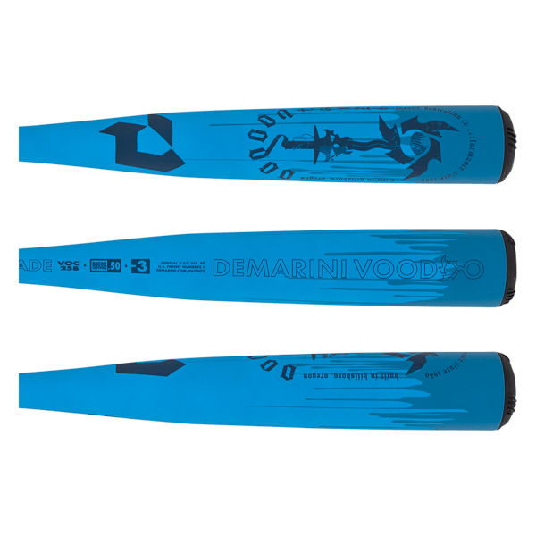 Side view of a blue Demarini Voodoo baseball bat with a dark gray logo and "VOODOO" text.