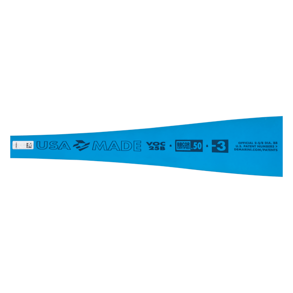 Side view of a blue baseball bat featuring "USA MADE," "VOC 25B CERTIFIED," and "BBCOR 50" text.
