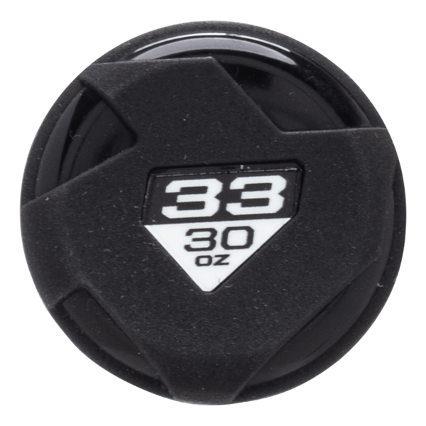 Top-down view of a black baseball bat end cap with white "33" and "30 OZ" markings.