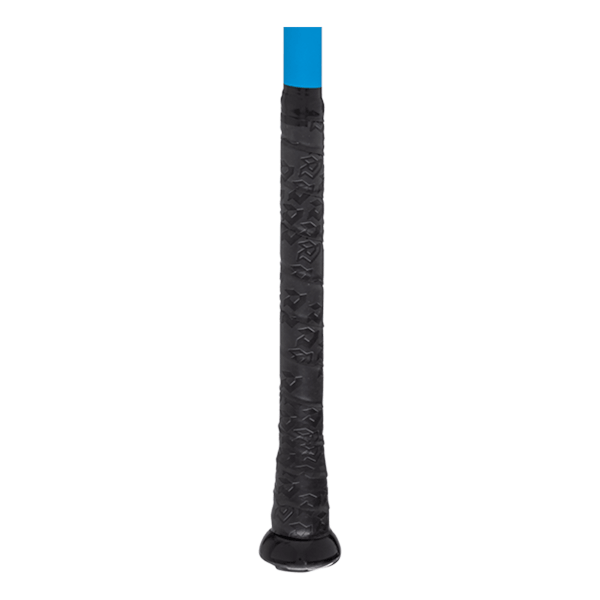 Close-up of the black textured grip and blue handle of a baseball bat.