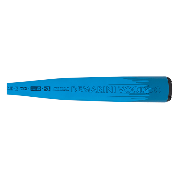 Side view of a blue baseball bat showing "DEMARINI VOODOO" and "BBCOR 50".