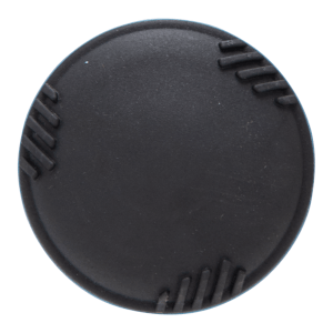 Top-down view of a black circular cap with ridged edges.