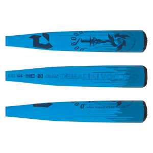 Side view of a blue Demarini Voodoo baseball bat with a dark gray logo and "VOODOO" text.