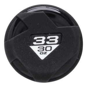 Top-down view of a black baseball bat end cap with white "33" and "30 OZ" markings.