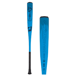Side view of a blue DeMarini VOODOO baseball bat featuring a black grip and visible "DEMARINI VOODOO" text.
