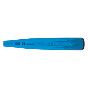 Side view of a blue baseball bat showing "DEMARINI VOODOO" and "BBCOR 50".