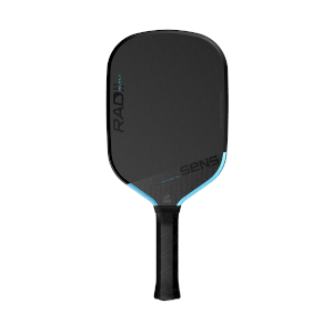 Front view of a black pickleball paddle with "RAD" and "SENS" logos, and blue trim.